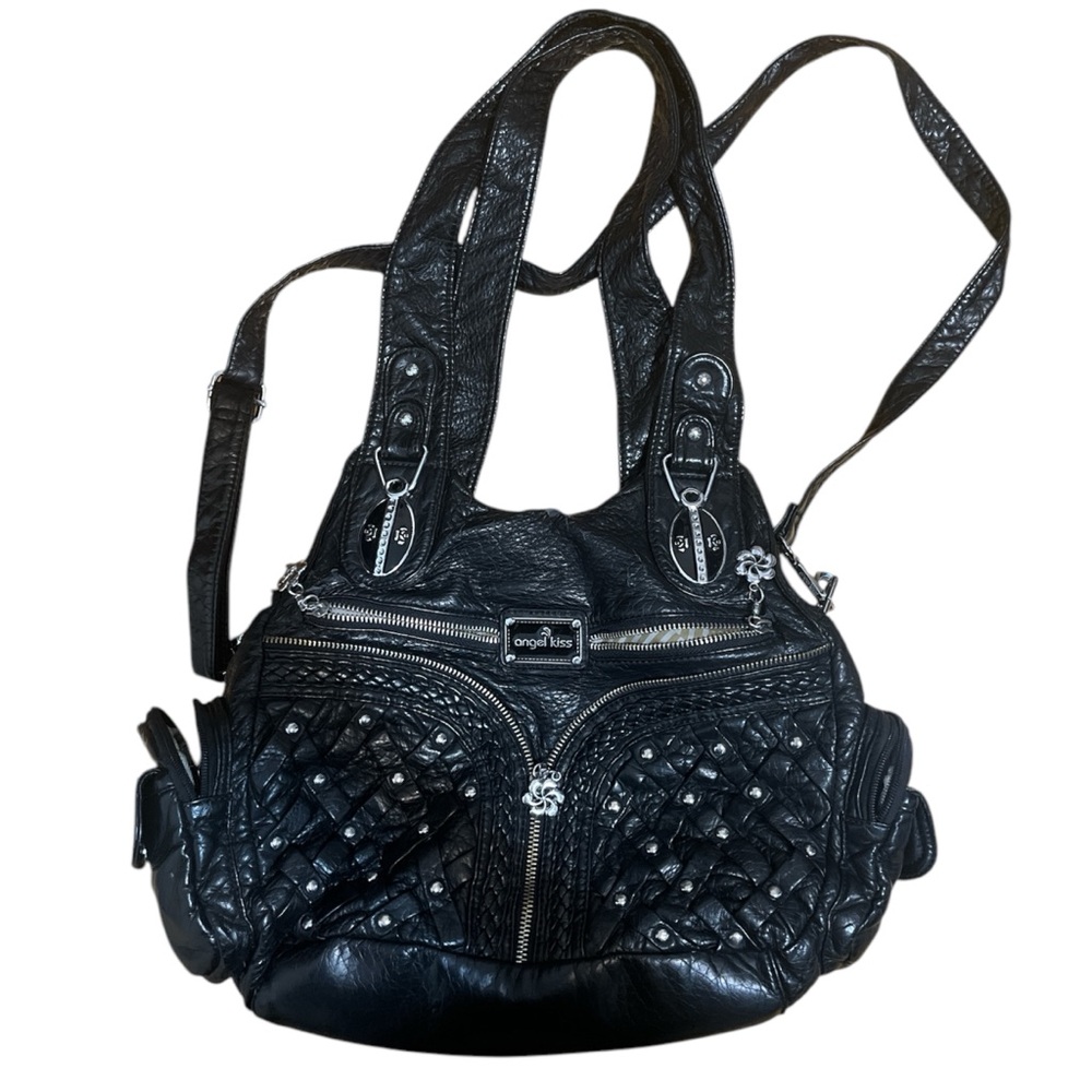 SOLD angel Kiss Black leather biker bag with silver studs and zipper details